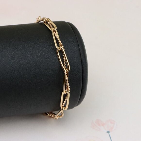 "Trendy Rose Gold Paperclip Chain Bracelet with Bead Detailing, XPBL0837 - Picture 11 of 13